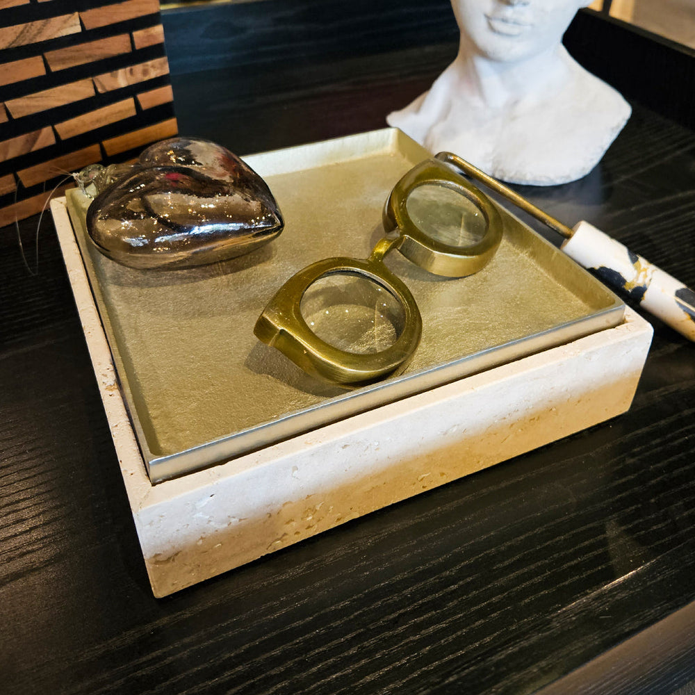 S/2 8/10" COLLASSA TRAVERTINE AND METAL BOXES, GOL
