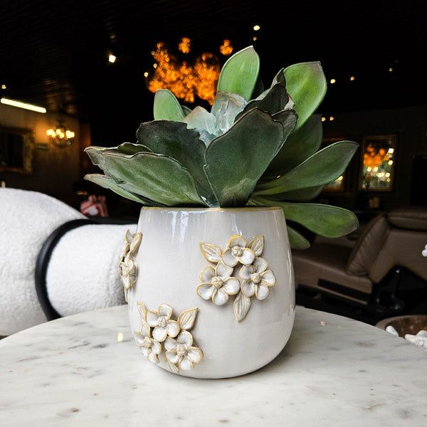6" FLOWER BUNCHES APPLIQUE PLANTER, IVORY