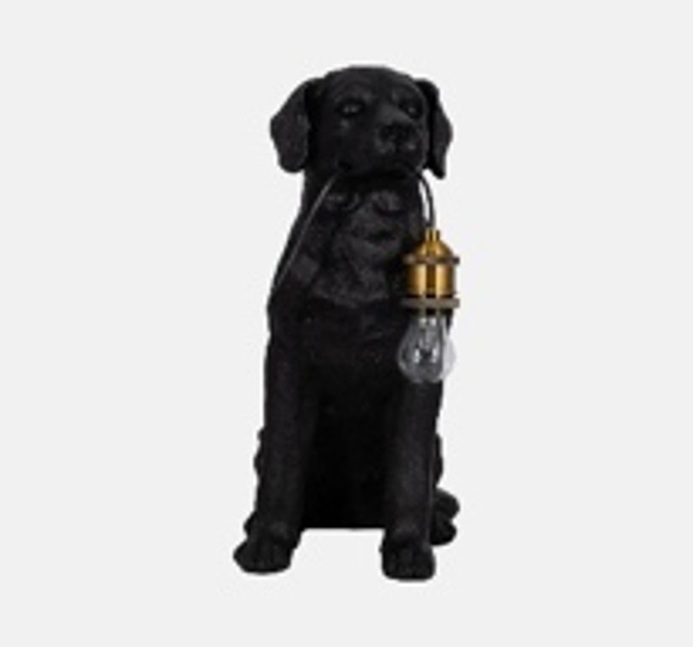 18" DOG HOLDING LIGHTBULB TABLE LAMP, BLACK/GOLD